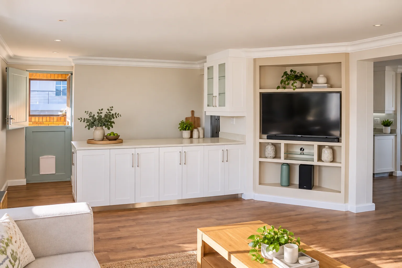 Sea View Apartment, TV lounge and built-in shelving