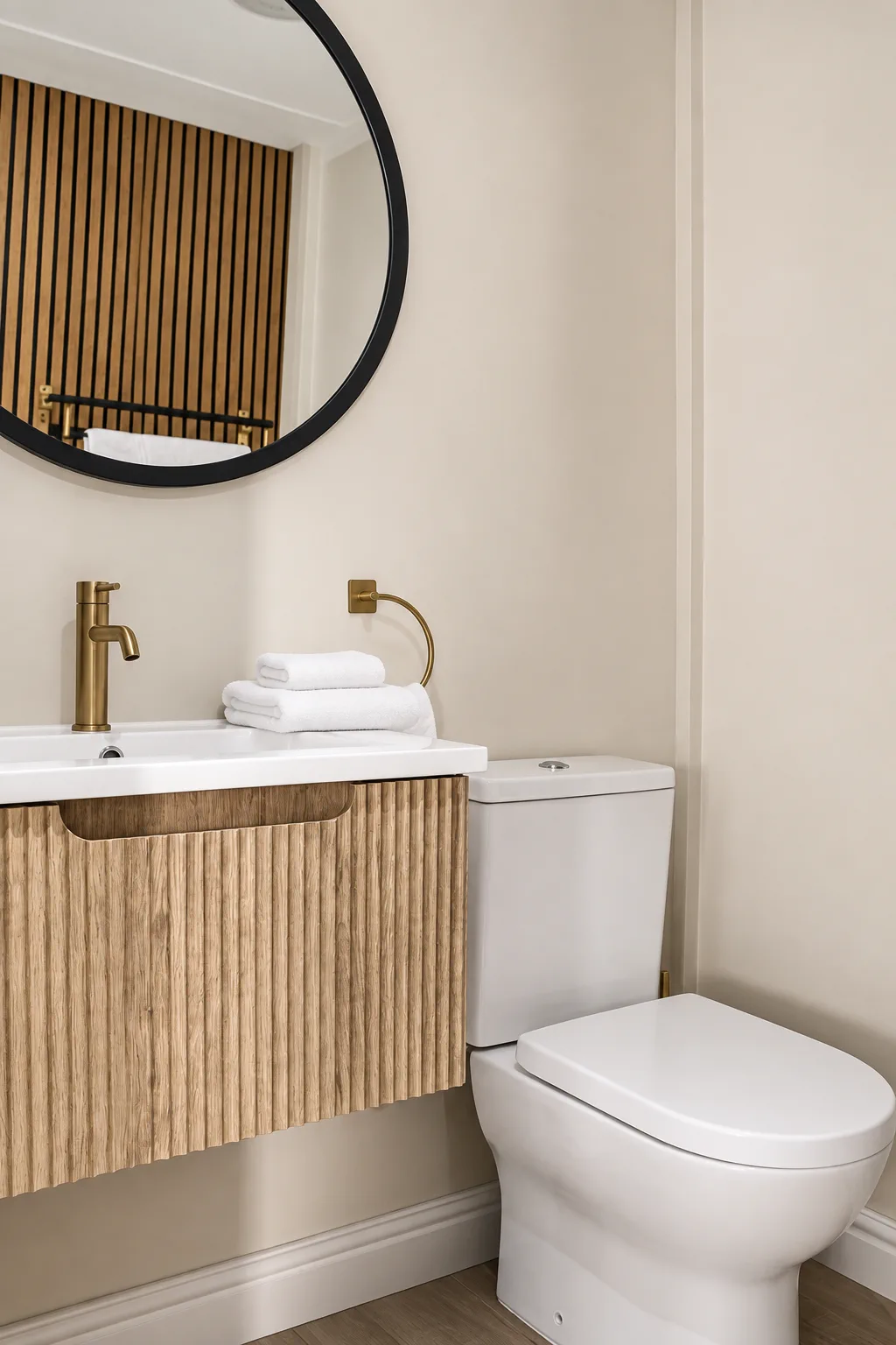 Beach Studio, Private bathroom with fluted vanity