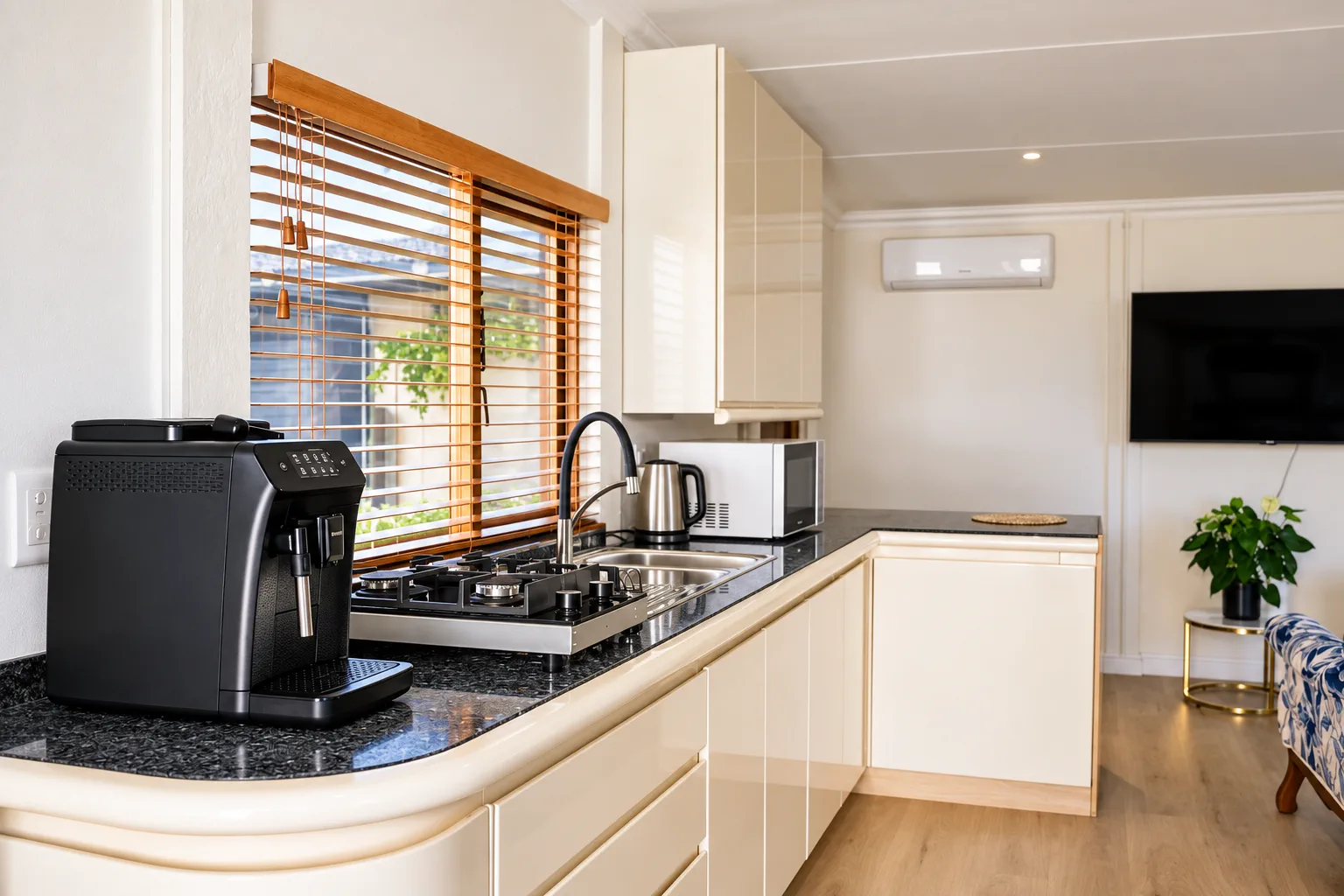 Beach Studio, Kitchenette with coffee machine, hob and microwave